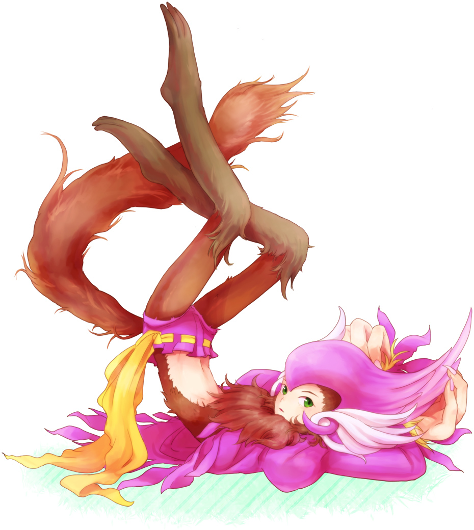 androgynous brown_hair gender_request green_eyes kawabeno_jari male_focus midriff monster navel pink_hair riki_(saga) saga saga_frontier simple_background solo tail white_background white_hair