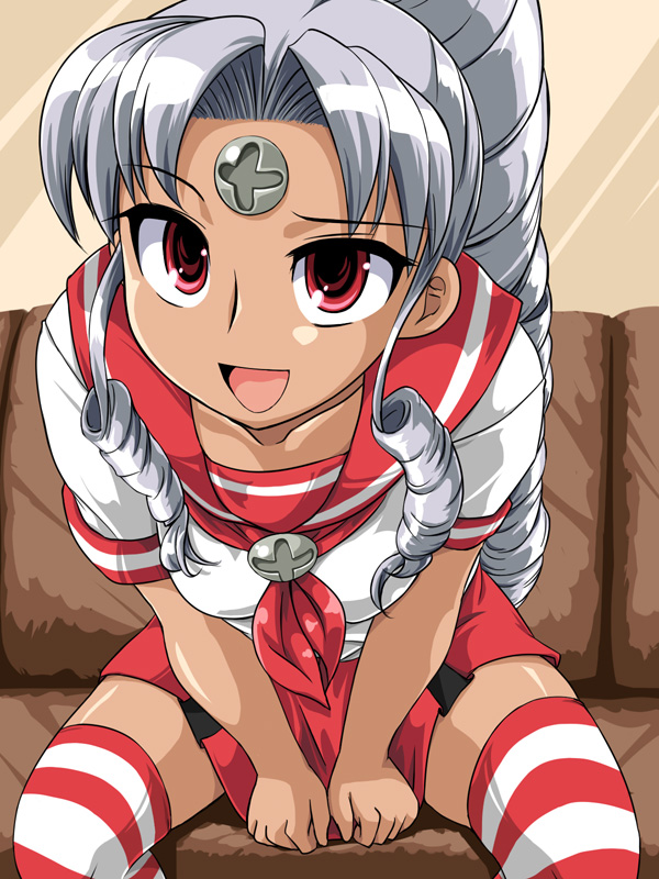 1girl between_thighs blouse brown_upholstery dark-skinned_female dark_skin drill_hair female_focus hair_intakes leaning_forward miniskirt neckerchief os-tan patterned_legwear ponytail red_&amp;_white red_eyes red_neckerchief school_uniform serafuku shirt silver_hair sitting skirt skirt_tug smile solo striped_clothes striped_thighhighs thighhighs thighs toushi_ryoku two-tone_stripes v_arms vista-tan vistake white_shirt zettai_ryouiki