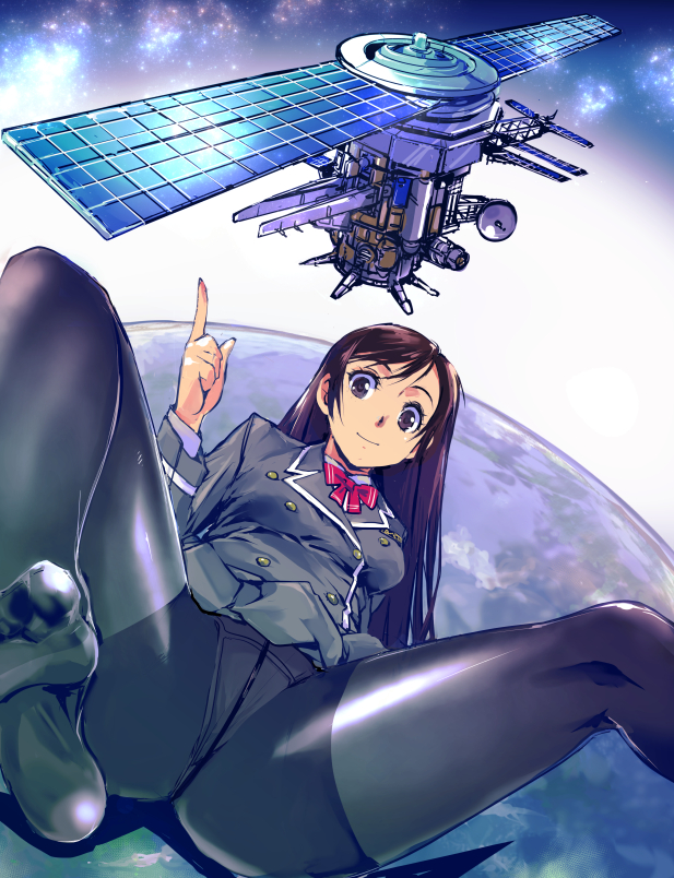 1girl ass black_hole_cannon black_pantyhose breasts brown_eyes brown_hair cannon dimension_tide directed-energy_weapon earth_(planet) energy_cannon energy_weapon female_focus godzilla_(series) godzilla_vs._megaguirus kamisimo_90 long_hair military military_vehicle orbital_weaponry panties panties_under_pantyhose pantyhose planet pleated_skirt satellite satellite_cannon skirt smile solar_panel solar_panel_wings solo space space-to-earth_weapon space_weapon spread_legs toho underwear weapon wings