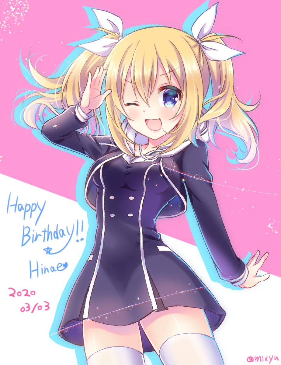1girl 2020 ;d arimura_hinae black_dress blonde_hair blue_eyes chaos;child character_name cowboy_shot dated dress floating_hair highres long_hair long_sleeves looking_at_viewer nishijou_myu one_eye_closed open_mouth pink_background pleated_dress short_dress smile solo standing thighhighs twintails two-tone_background v-shaped_eyebrows white_background white_thighhighs zettai_ryouiki