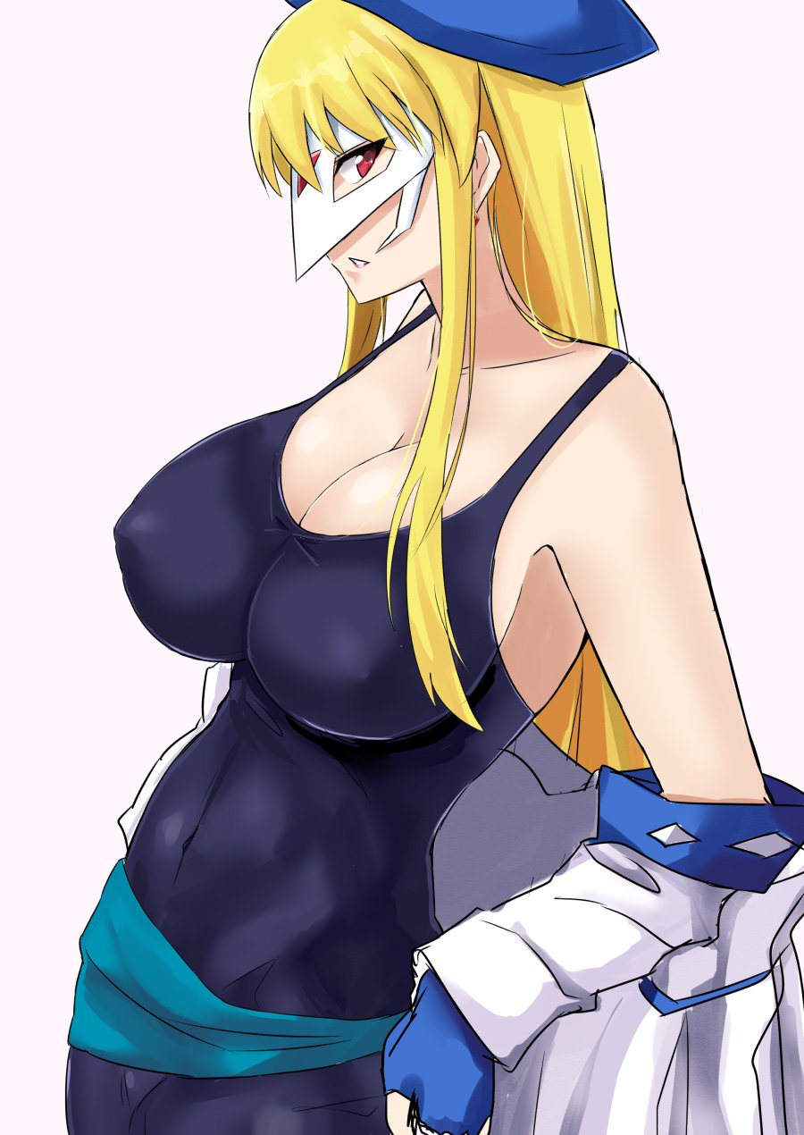 1girl blonde_hair breasts cleavage female_focus fingerless_gloves gear_senshi_dendou gloves hat highres jacket unworn_jacket large_breasts leotard looking_at_viewer looking_to_the_side mask red_eyes sash simple_background solo standing takara_joney vega_(dendoh)