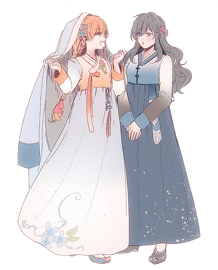 2girls alternate_costume black_hair blue_eyes ff14hioo_oo7 final_fantasy final_fantasy_xiv flower gaia_(ff14) hair_flower hair_ornament hanbok korean_clothes multiple_girls orange_hair ryne_waters white_background