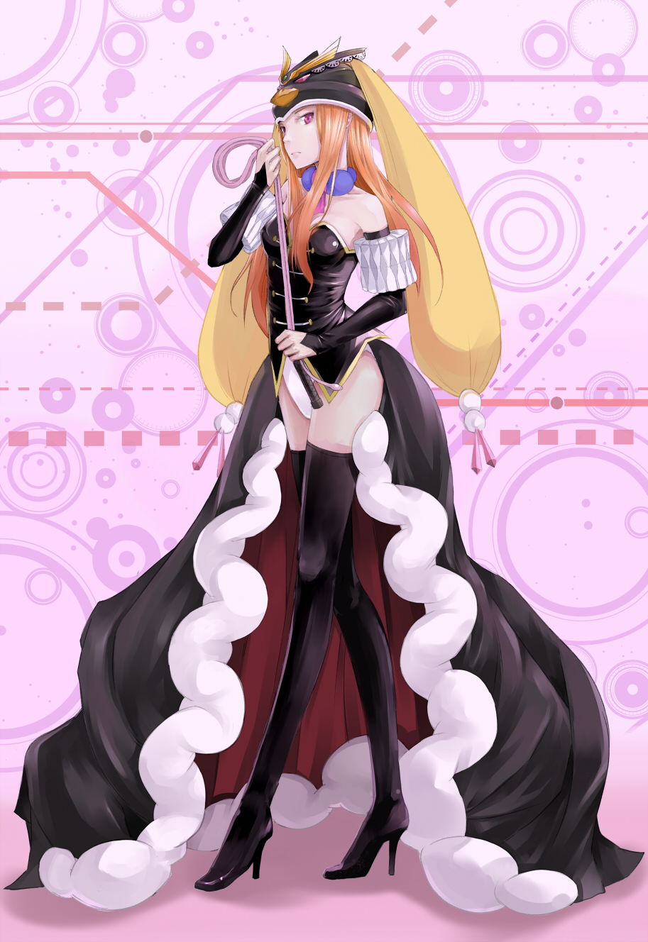 1girl black_cape black_hat black_sleeves black_thighhighs brown_hair cape choker collarbone dafei detached_sleeves female_focus floating_hair full_body fur-trimmed_cape fur_trim hat highres holding long_hair long_sleeves looking_at_viewer mawaru_penguindrum panties pink_background princess_of_the_crystal purple_eyes solo standing strapless thighhighs underwear very_long_hair waist_cape white_panties