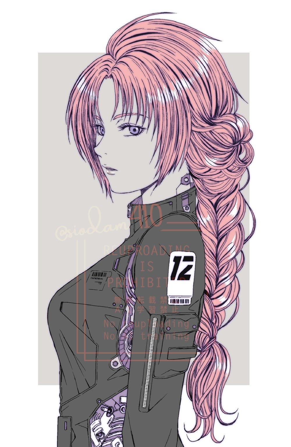1girl braid breasts cyborg gundam gundam_unicorn highres jacket long_hair looking_at_viewer marida_cruz military orange_hair purple_eyes siodam410 solo