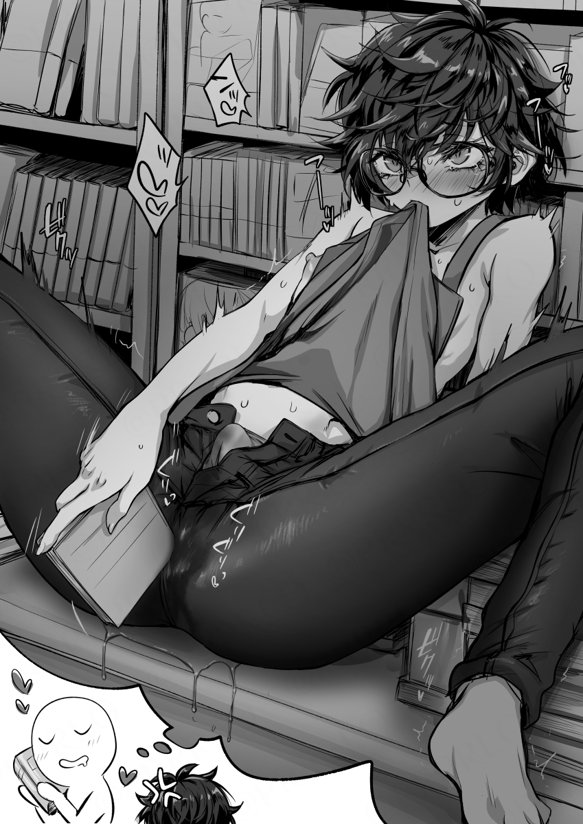 1boy amamiya_ren anal anal_object_insertion anger_vein apron biting biting_clothes book bookshelf bulge buttons erection erection_under_clothes glasses greyscale highres improvised_sex_toy male_masturbation masturbation monochrome object_insertion pepero_(prprlo) persona persona_5 spread_legs sweat