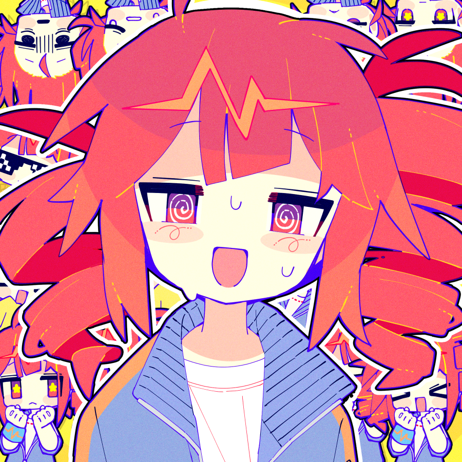 &gt;_&lt; 1girl @_@ aoi_tsuyu blush character_backpack commentary_request crying dual_persona grey_jacket jacket kasane_teto looking_at_viewer open_clothes open_jacket open_mouth red_hair shirt star-shaped_pupils star_(symbol) sunglasses sweat symbol-shaped_pupils telepathy_(vocaloid) upper_body utau white_shirt