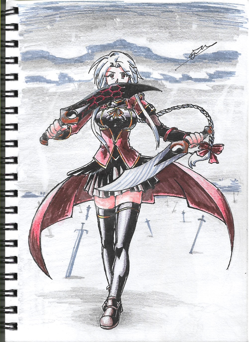 1erickf50 1girl archerko_(himura_kiseki) boots braid breasts fate/stay_night fate_(series) highres kanshou_&amp;_bakuya_(fate) long_hair long_sleeves looking_at_viewer medium_breasts notepad red_eyes shirt signature single_braid skirt solo sword thighhighs traditional_media unlimited_blade_works_(reality_marble) very_long_hair weapon white_hair zettai_ryouiki