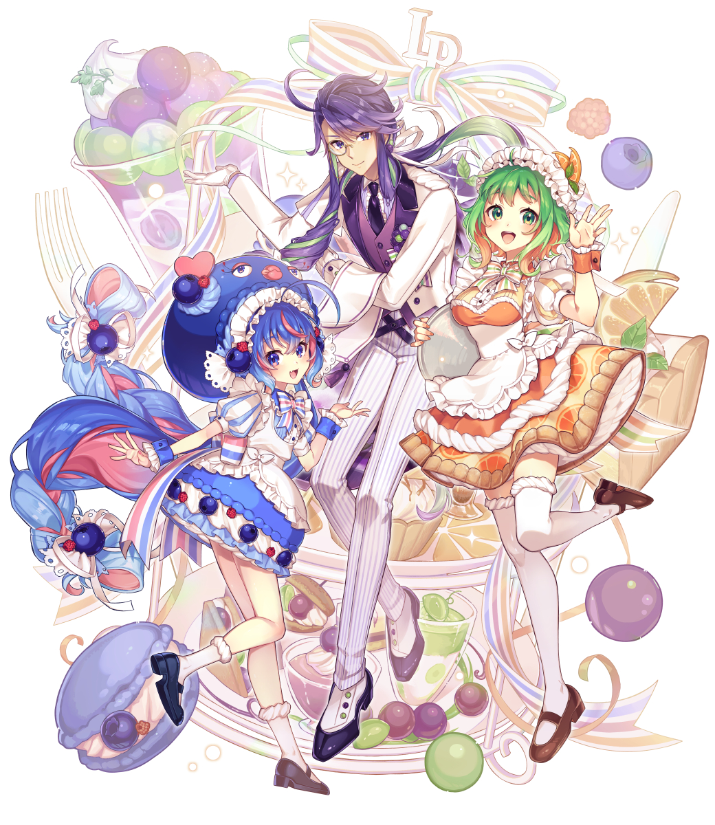 1boy 2girls :d apron blue_dress blue_eyes blue_hair blue_hairband blue_hat blue_shoes blueberry breasts brown_dress brown_shoes center_frills closed_mouth collared_shirt commentary_request dress eel_hat food frilled_apron frilled_hairband frills fruit gloves green_eyes green_hair gumi hairband hat highres holding holding_tray jacket kamui_gakupo long_hair long_sleeves macaron medium_breasts monocle multicolored_hair multiple_girls necktie nou_(nounknown) open_clothes open_jacket open_mouth otomachi_una pants pinstripe_pants pinstripe_pattern puffy_short_sleeves puffy_sleeves purple_eyes purple_hair purple_necktie purple_shoes purple_vest red_hair shirt shoes short_sleeves smile streaked_hair talkex thighhighs tray two-tone_hair very_long_hair vest vocaloid white_apron white_gloves white_jacket white_pants white_shirt white_thighhighs