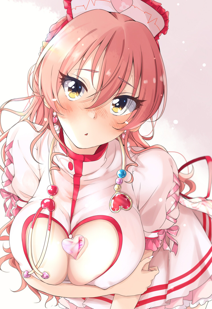 1girl blush breasts cleavage cleavage_cutout clothing_cutout covered_erect_nipples dress earrings hair_between_eyes hand_on_own_arm hanging_breasts hat heart heart_cutout heart_earrings heart_print high_collar hitotsuki_nanoka idolmaster idolmaster_cinderella_girls jewelry jougasaki_mika leaning_forward long_hair looking_at_viewer nose_blush nurse_cap pink_hair pink_ribbon ribbon skindentation solo stethoscope triangle_mouth yellow_eyes