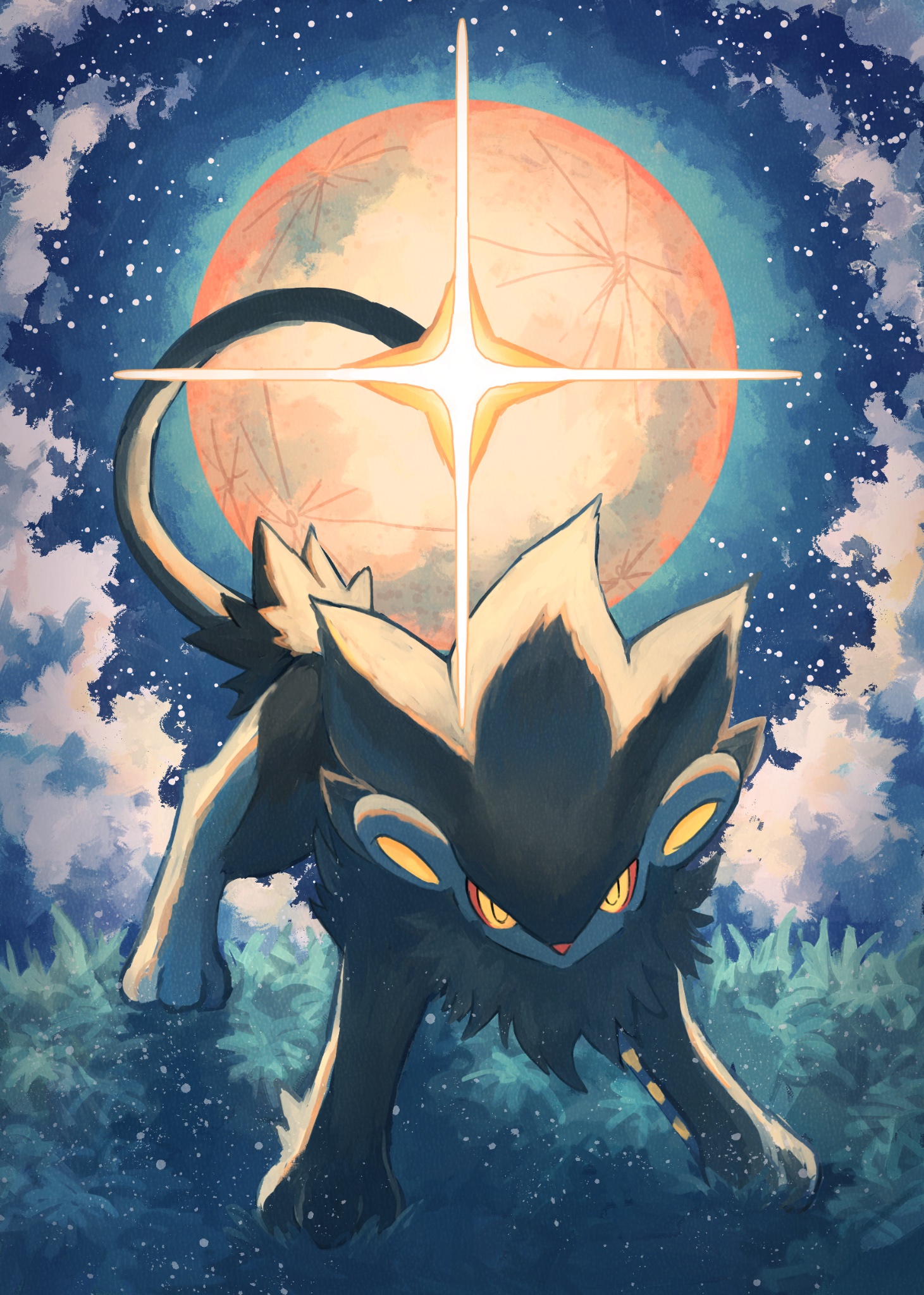 7_phi_3 all_fours black_fur black_tail blue_fur body_fur full_body full_moon gen_4_pokemon grass highres looking_at_viewer luxray moon night nintendo pokemon pokemon_(creature) yellow_eyes