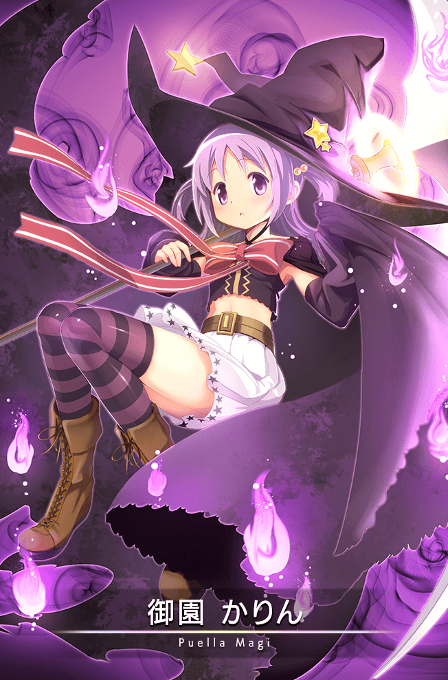 1girl belt belt_buckle black_arm_warmers black_cape black_hat black_shirt black_thighhighs boots bow bowtie brown_belt brown_boots buckle cape cape_hold card_(medium) character_name cropped_shirt expressionless full_body game_cg gem hair_bobbles hair_ornament hat hat_ornament high-waist_skirt high_belt hitodama holding holding_scythe lace-trimmed_cape lace-up_boots lace_trim light_blush light_particles long_hair looking_at_viewer magia_record:_mahou_shoujo_madoka_magica_gaiden magic magical_girl mahou_shoujo_madoka_magica midriff miniskirt misono_karin navel official_art outline over_shoulder parted_lips pink_thighhighs pleated_skirt purple_background purple_eyes purple_hair purple_outline red_bow red_bowtie sasagi_koushi scythe shirt sitting skirt sleeveless sleeveless_shirt smoke solo star_(symbol) star_hat_ornament star_print striped_bow striped_bowtie striped_clothes striped_thighhighs thighhighs two-tone_thighhighs two_side_up weapon weapon_over_shoulder white_skirt wide_brim witch_hat yellow_gemstone