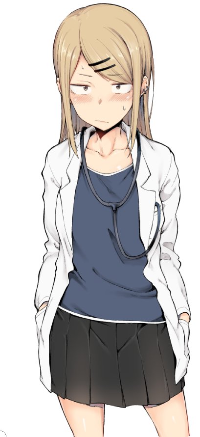 10s 1girl black_skirt blonde_hair blue_shirt blush breasts closed_mouth collarbone commentary_request cowboy_shot dagashi_kashi ear_piercing earrings endou_saya female_focus hair_ornament hairclip half-closed_eyes hands_in_pockets jewelry jitome lab_coat legs_apart long_hair looking_at_viewer miniskirt open_clothes parted_bangs piercing pleated_skirt sanpaku shirt sidelocks simple_background skirt solo spirytus_tarou standing stethoscope sweatdrop white_background yellow_eyes