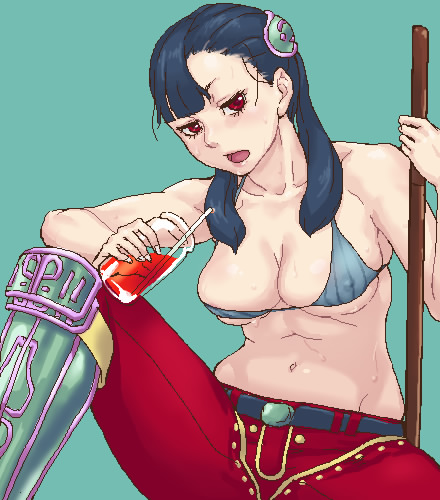 1girl aliasing armor artist_request ashei bare_shoulders belt bikini black_hair breasts breath buckle cleavage covered_erect_nipples drink drinking_straw female_focus green_background hair_ornament hair_over_shoulder knee_up large_breasts looking_at_viewer lowres navel nintendo open_mouth pants red_eyes simple_background sitting solo staff sweat swimsuit the_legend_of_zelda twintails underboob