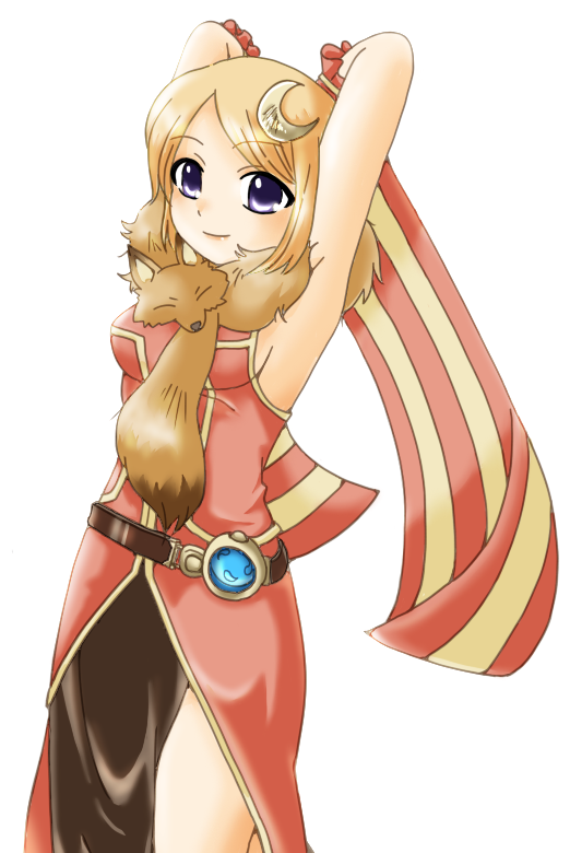 1girl animal animal_around_neck armpits arms_behind_head arms_up belt blonde_hair breasts brown_belt closed_mouth commentary_request cowboy_shot crescent crescent_hair_ornament detached_sleeves dress fox hair_ornament looking_at_viewer medium_breasts pelvic_curtain porinu professor_(ragnarok_online) purple_eyes ragnarok_online red_dress red_sleeves short_hair sideboob simple_background sleeveless sleeveless_dress smile solo striped_sleeves white_background yellow_sleeves
