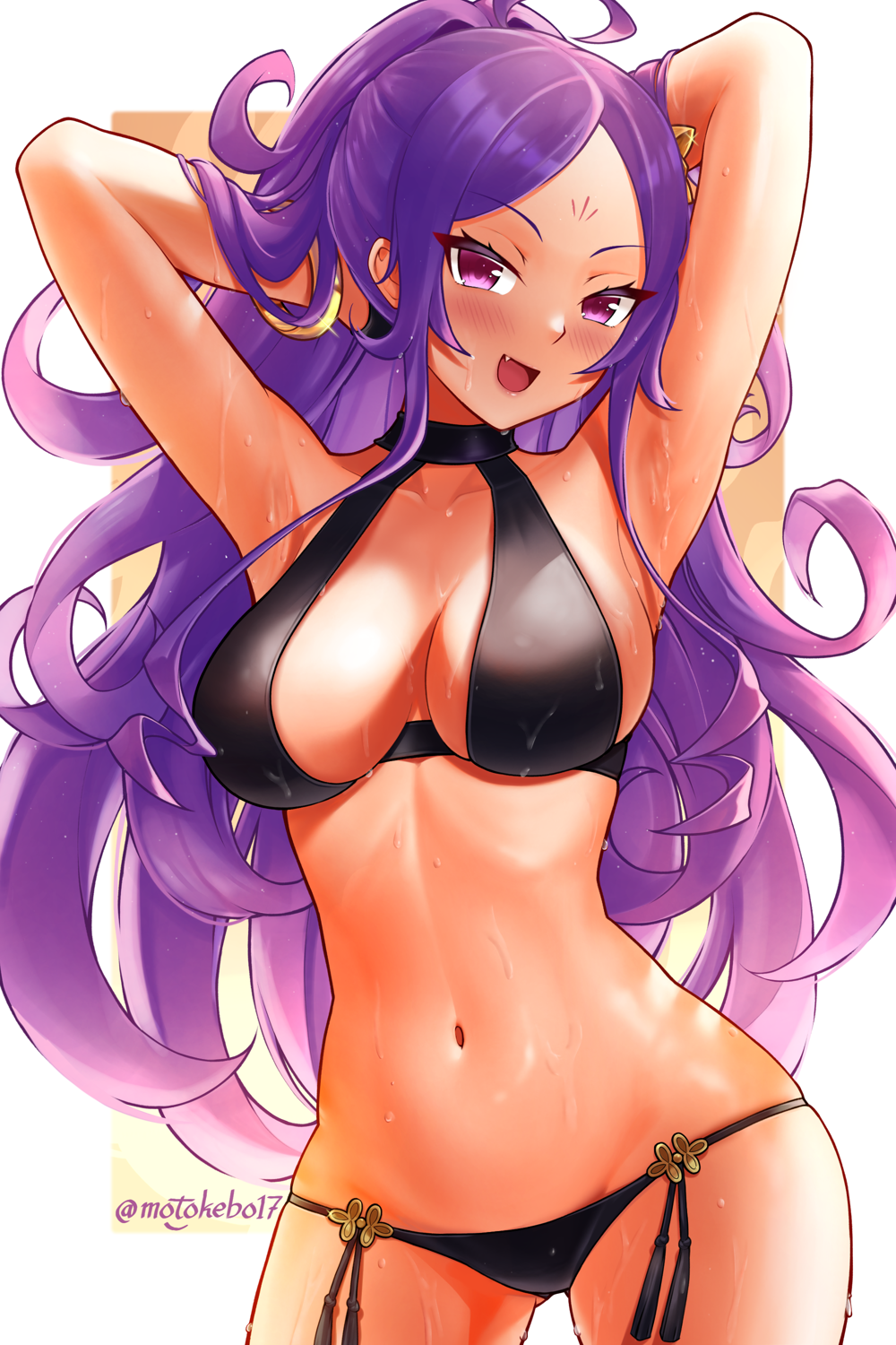 1girl ahoge armpits arms_up bare_shoulders bikini black_bikini breasts cleavage collarbone facial_mark fate/grand_order fate_(series) forehead forehead_mark hair_ornament highres large_breasts long_hair looking_at_viewer motokebo17 navel open_mouth parted_bangs ponytail purple_eyes purple_hair sidelocks smile solo swimsuit thighs very_long_hair wet wu_zetian_(fate) wu_zetian_(swimsuit_caster)_(fate) wu_zetian_(swimsuit_caster)_(third_ascension)_(fate)