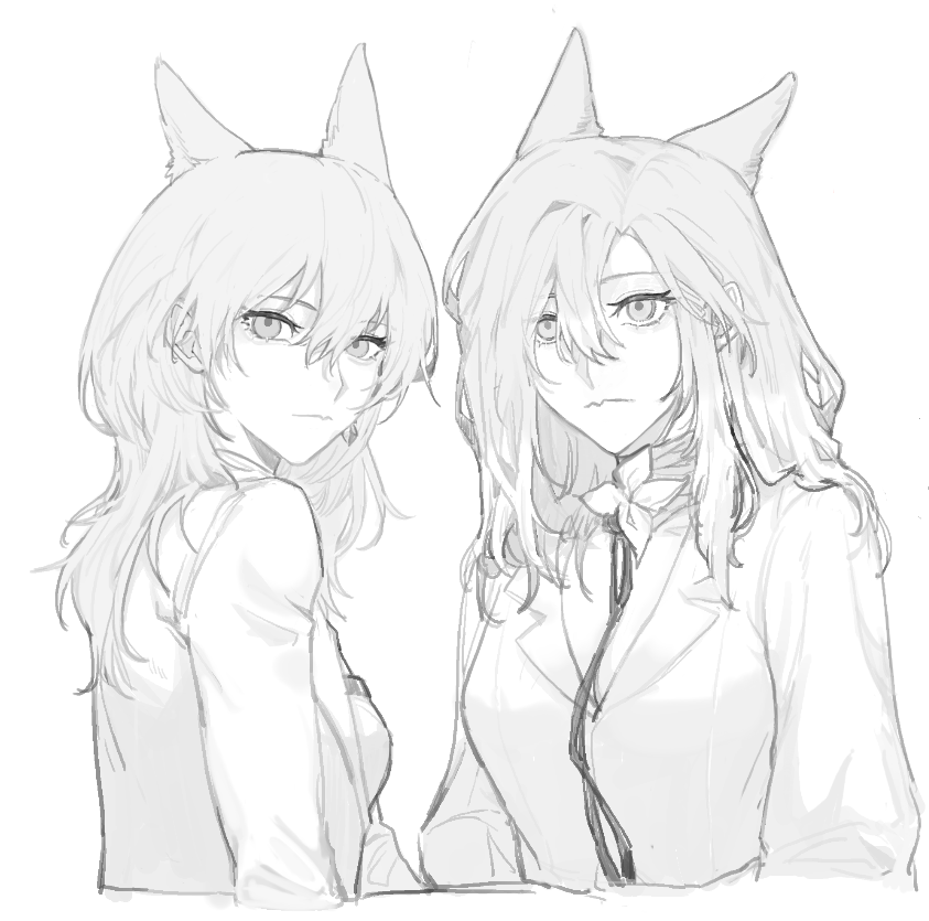 2girls :s animal_ears between_breasts breasts chief_(path_to_nowhere) chinese_commentary cleavage collared_shirt commentary cropped_torso earrings female_chief_(path_to_nowhere) floating_earrings greyscale hair_between_eyes jewelry kotori_(b-i-r-d) long_hair looking_at_viewer looking_back medium_breasts monochrome multiple_girls neck_flower path_to_nowhere shalom_(path_to_nowhere) shirt simple_background single_earring single_hair_intake strap_between_breasts