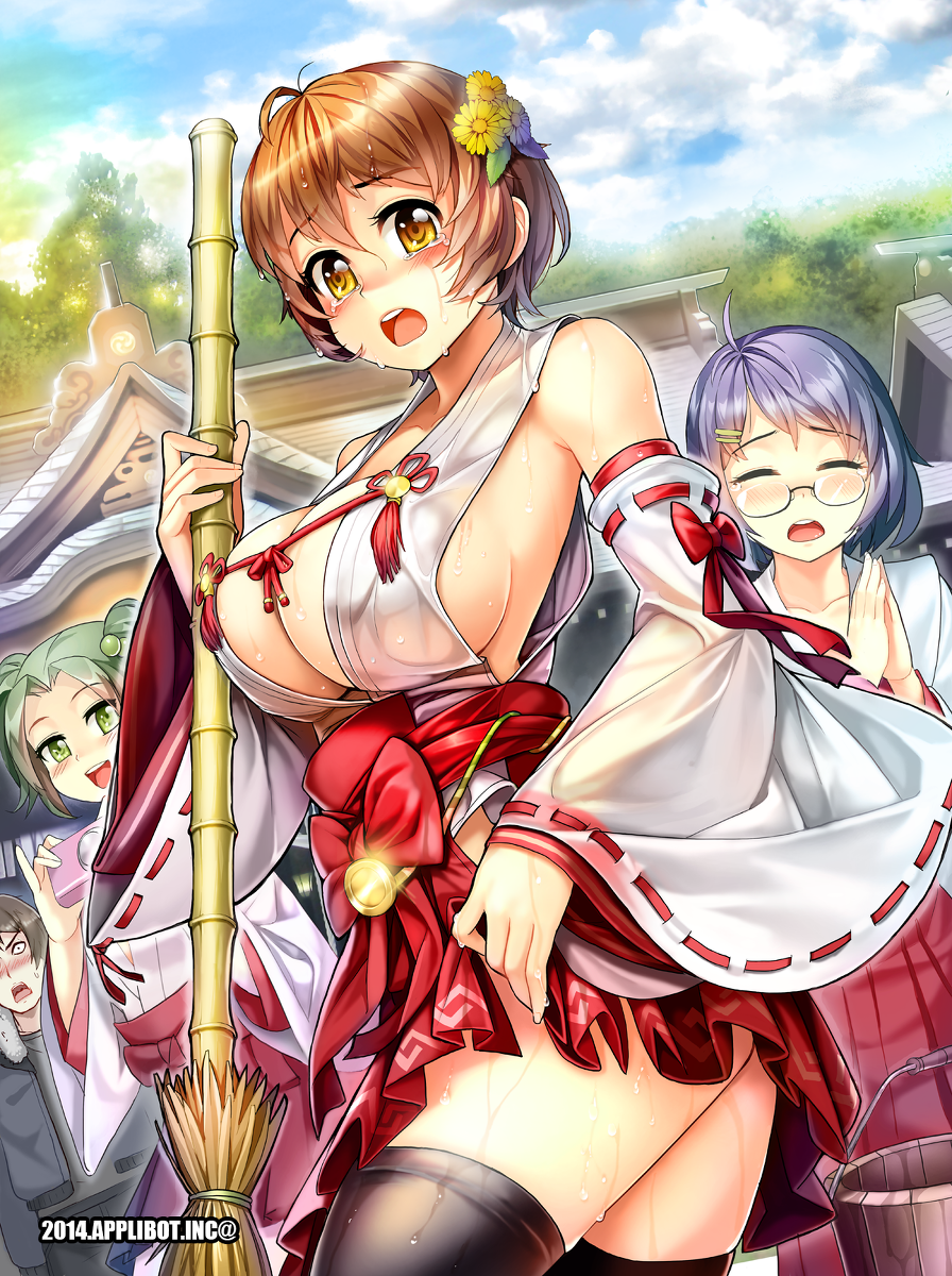 3girls applibot breasts broom bucket cleavage flowers_in_hair glasses highres jairou miniskirt multiple_girls see-through_clothes short_hair skirt sweat tears thighhighs yellow_eyes