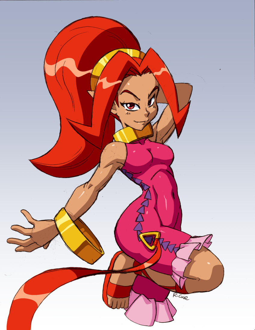 1girl bangle bare_shoulders big_hair bracelet breasts choker commentary cropped_legs dark-skinned_female dark_skin din english_commentary female_focus grey_background jewelry leg_up leotard long_hair looking_at_viewer medium_breasts nintendo orange_hair pink_leotard pointy_ears rcasedrawsstuff red_eyes ribbon sleeveless smile solo the_legend_of_zelda the_legend_of_zelda:_oracle_of_ages the_legend_of_zelda:_oracle_of_seasons toned toned_female unitard