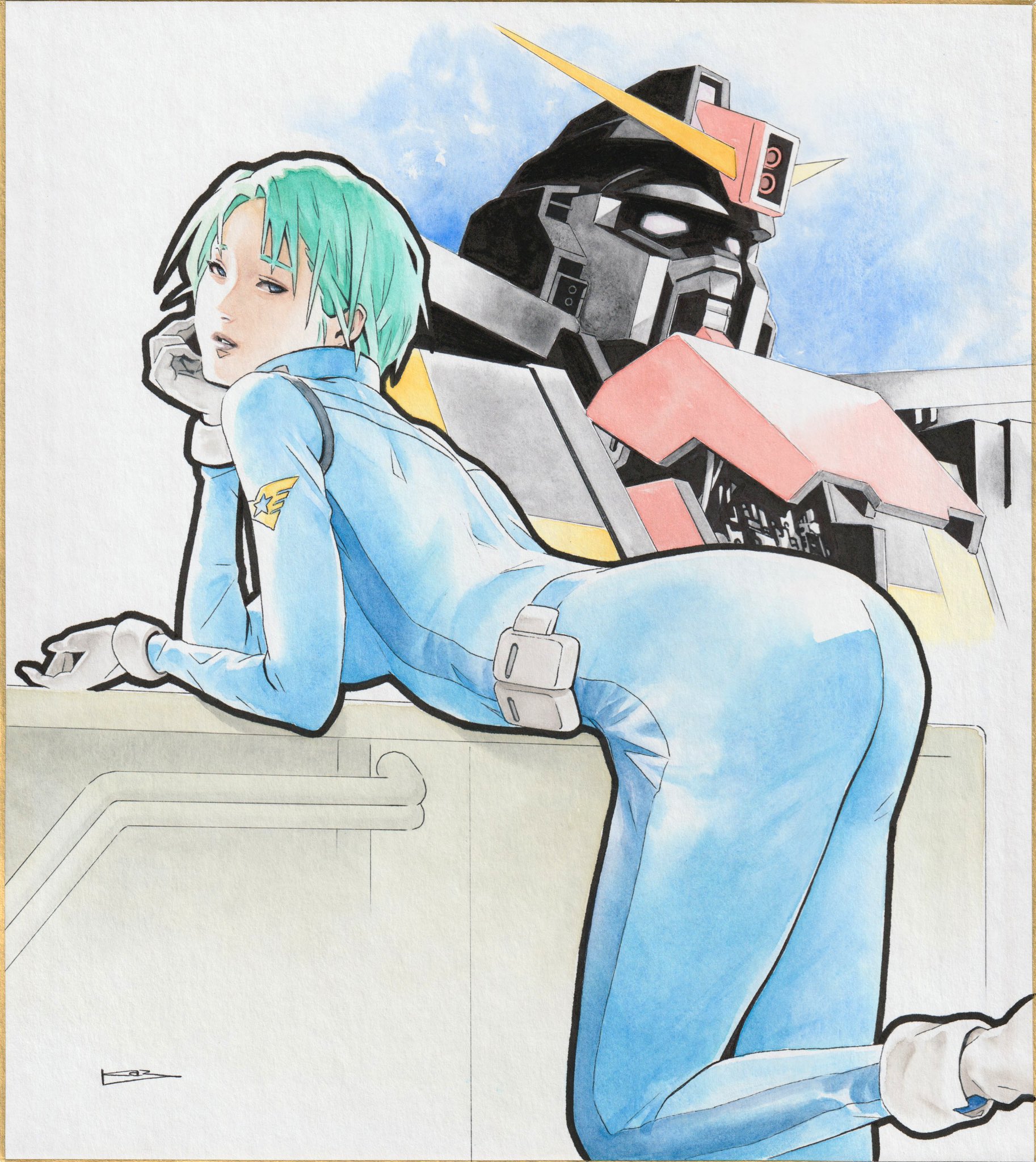 1girl aqua_hair ass beam_cannon belt blue_eyes boots commentary_request emblem four_murasame gloves gundam hand_on_own_cheek hand_on_own_face highres ikeda_kazuhiro logo looking_at_viewer looking_back lying machinery mecha mecha_pilot_suit mobile_suit on_stomach psycho_gundam realistic resting robot science_fiction signature titans_(gundam) v-fin white_boots white_gloves zeta_gundam