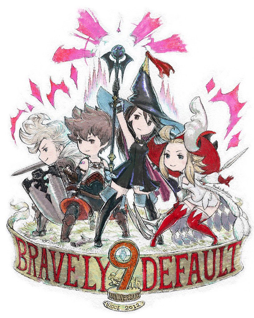 2boys 2girls agnes_oblige ahoge anniversary armor black_dress blonde_hair blue_eyes boots bravely_default:_flying_fairy bravely_default_(series) brown_eyes brown_hair dress edea_lee fighting_stance gloves hat ikusy multiple_boys multiple_girls official_art pleated_dress pompadour red_footwear ringabel shield short_dress sidelocks staff sword thigh_boots thighhighs tiz_arrior weapon white_dress witch_hat wizard_hat