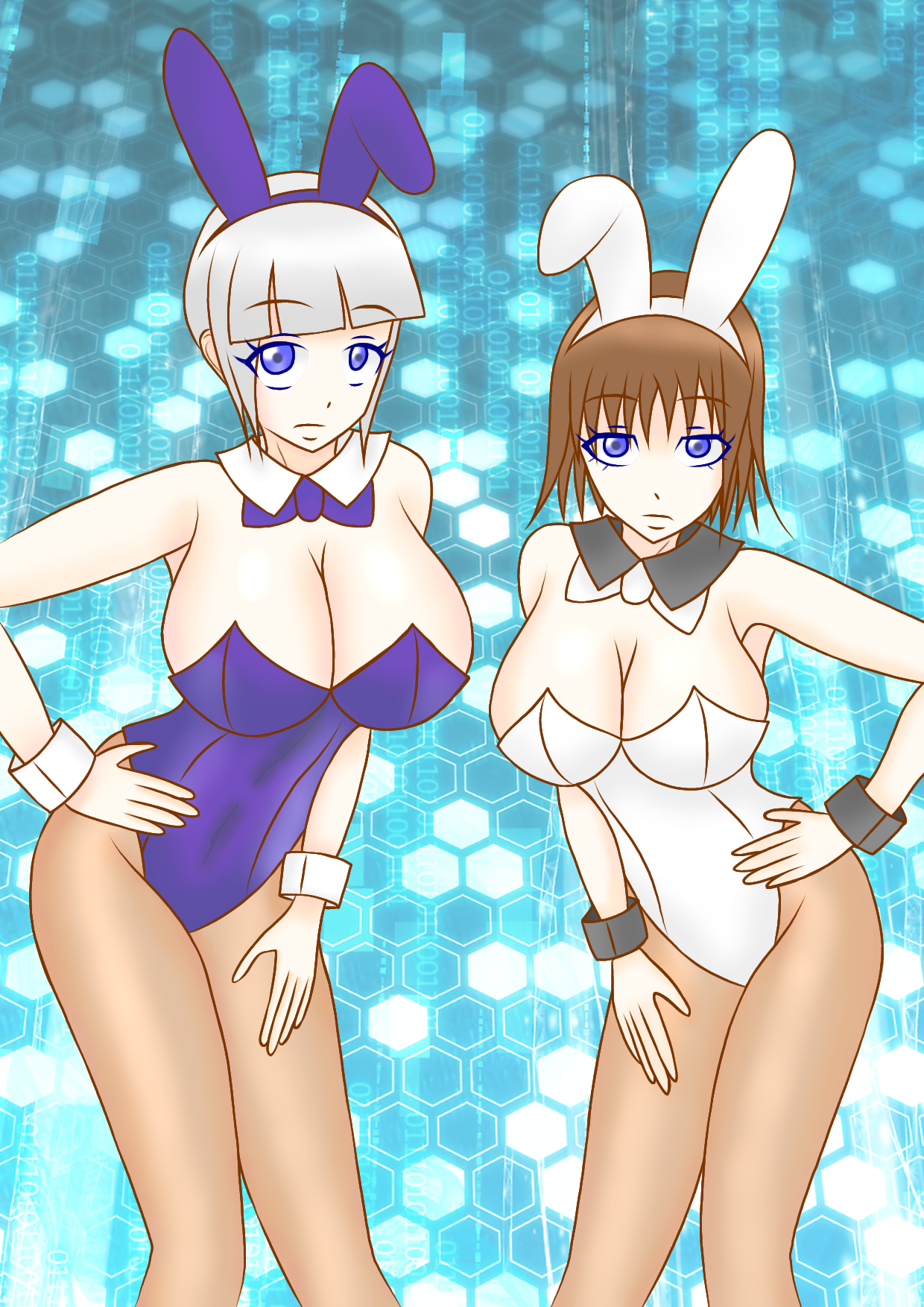 2girls avataro_sentai_donbrothers blue_eyes brown_hair highres leotard mashin_sentai_kiramager mokuro_(artist) multiple_girls playboy_bunny silver_hair sononi_(donbrothers) super_sentai yodonna
