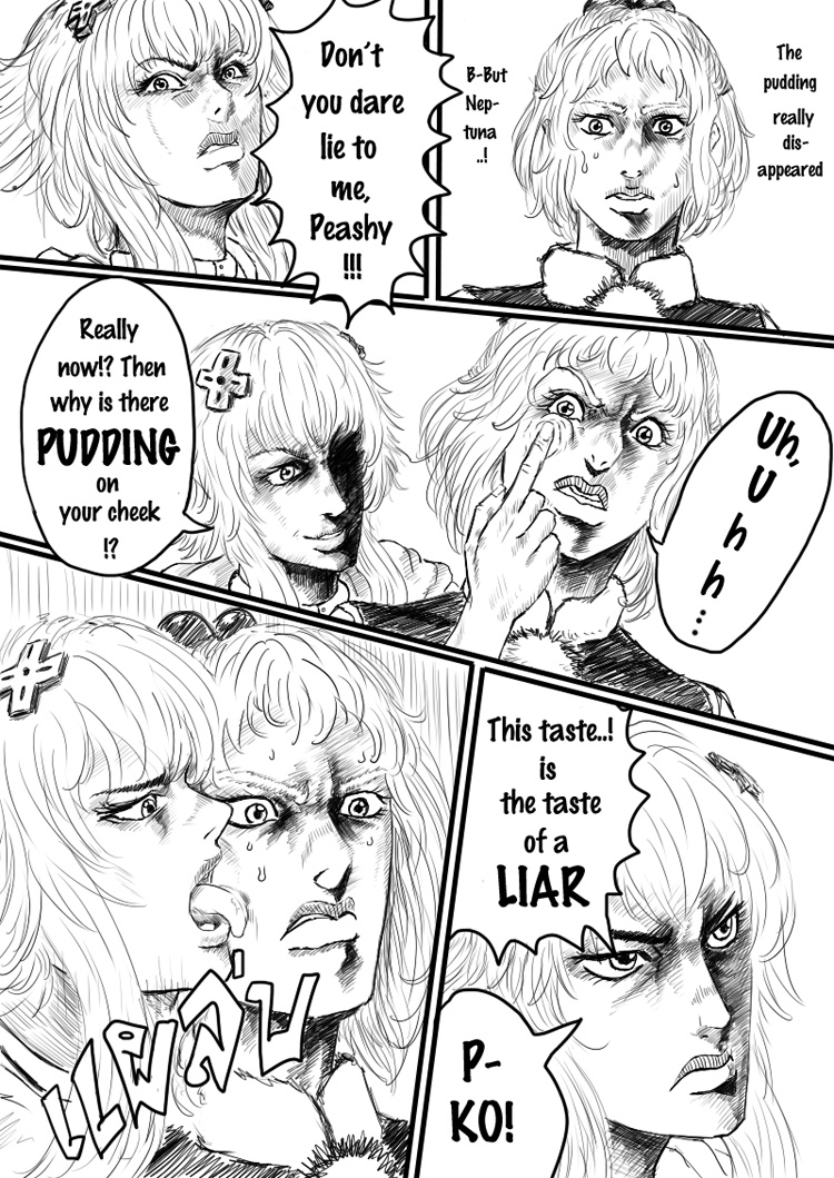 2girls comic d-pad d-pad_hair_ornament djayo english_text greyscale hair_ornament jojo_no_kimyou_na_bouken licking licking_another&#039;s_cheek licking_another&#039;s_face man_face meme monochrome multiple_girls neptune_(neptunia) neptune_(series) open_mouth parody pish simple_background taste_of_a_liar_(meme) white_background
