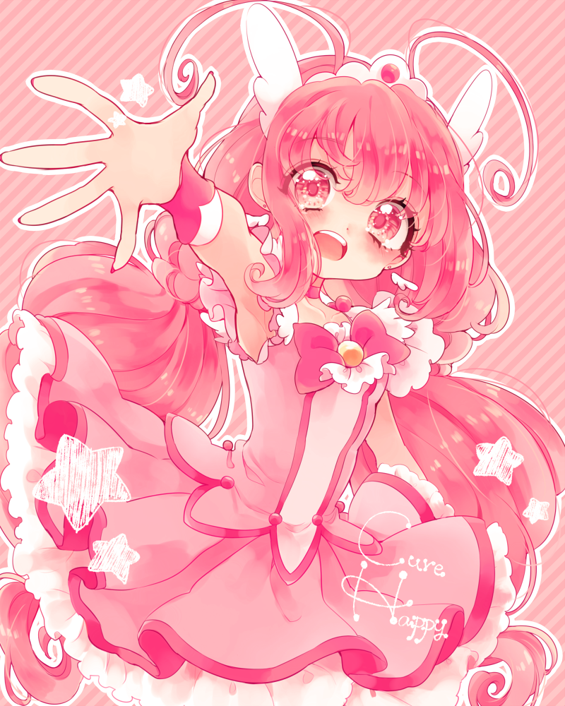 1girl armpits character_name circle_skirt cowboy_shot cure_happy dot_nose earrings eyelashes floating_clothes frilled_skirt frilled_sleeves frills hair_between_eyes hair_ornament happy hoshizora_miyuki jewelry light_blush long_hair low_twintails magical_girl miniskirt open_mouth outline outstretched_arm pink_background pink_eyes pink_hair pink_shirt pink_skirt pink_theme pink_wrist_cuffs pleated_skirt precure shirt short_sleeves skirt skirt_set smile smile_precure! solo standing star_(symbol) striped_background teeth tiara twintails two-tone_wrist_cuffs upper_teeth_only uzuki_aki very_long_hair white_outline white_sleeves white_wrist_cuffs wing_earrings wing_hair_ornament wrist_cuffs