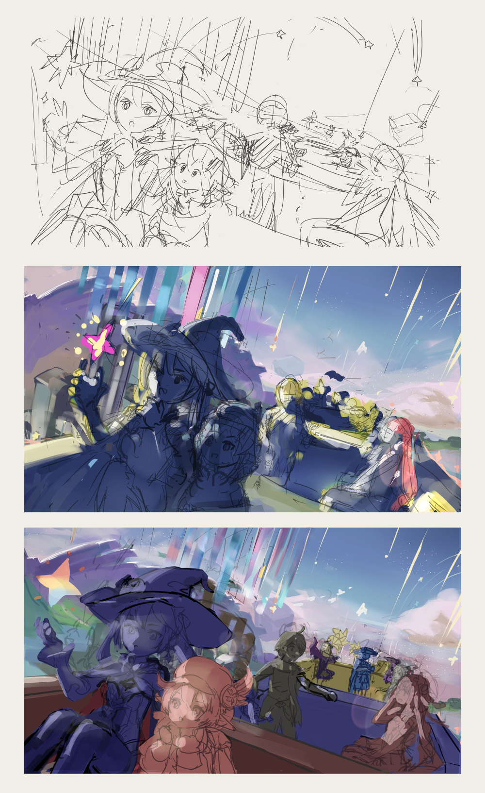 +_+ 2boys 5girls :d aether_(genshin_impact) albedo_(genshin_impact) aqua_eyes backless_outfit bare_shoulders black_cape black_choker black_eyes black_gloves black_hair black_leotard black_pants black_shirt blonde_hair blue_dress blue_hat blue_sky blue_sleeves breasts camera cape choker clip_studio_paint_(medium) cloud commentary_request cropped_shirt crossed_arms detached_sleeves dress fischl_(genshin_impact) floating flower genshin_impact gloves hair_between_eyes hair_flower hair_ornament halo hand_in_own_hair hand_up hands_up hat highres holding holding_camera japanese_clothes jingasa klee_(genshin_impact) leotard long_hair looking_at_another making-of medium_breasts midriff mini_durin_(dragon)_(genshin_impact) mini_durin_(genshin_impact) mona_(genshin_impact) multiple_boys multiple_girls newsboy_cap nilou_(breeze_of_sabaa)_(genshin_impact) nilou_(genshin_impact) official_alternate_costume open_mouth oz_(genshin_impact) paimon_(genshin_impact) pants paserin_ekaku pointy_ears purple_flower red_hair red_hat scaramouche_(genshin_impact) shirt sitting sky sleeveless sleeveless_dress small_breasts smile standing star_(symbol) star_hair_ornament two_side_up very_long_hair wanderer_(genshin_impact) white_romper witch_hat yellow_eyes