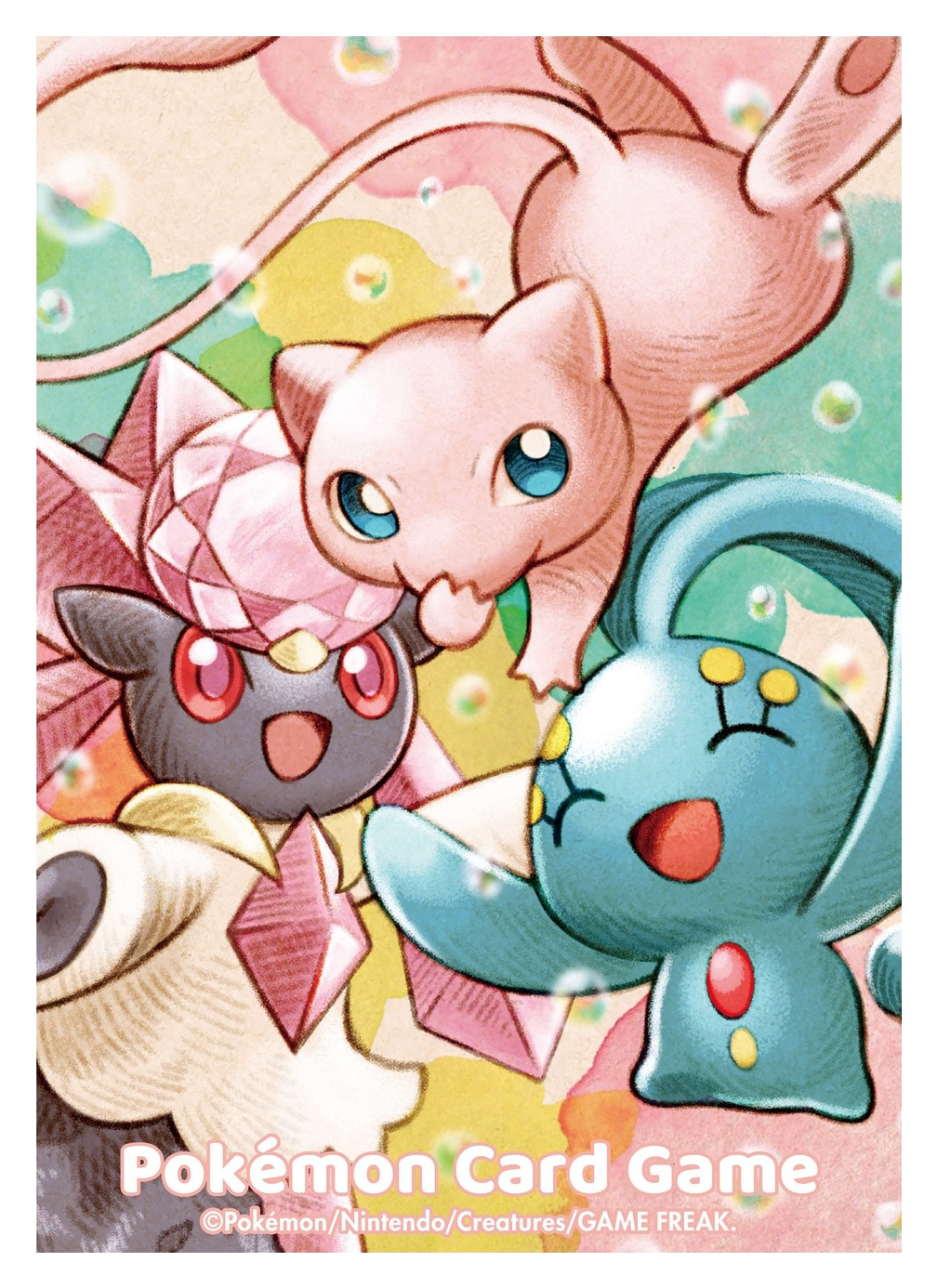 :d arms_up blue_eyes border closed_eyes company_name copyright_name copyright_notice diancie dress floating gem gen_1_pokemon gen_4_pokemon gen_6_pokemon highres legendary_pokemon manaphy matsuri_(matsuike) mew_(pokemon) mythical_pokemon nintendo no_humans official_art open_mouth pink_gemstone pink_pupils pokemon pokemon_(creature) pokemon_focus pokemon_tcg red_eyes smile third-party_source water_drop white_border white_dress