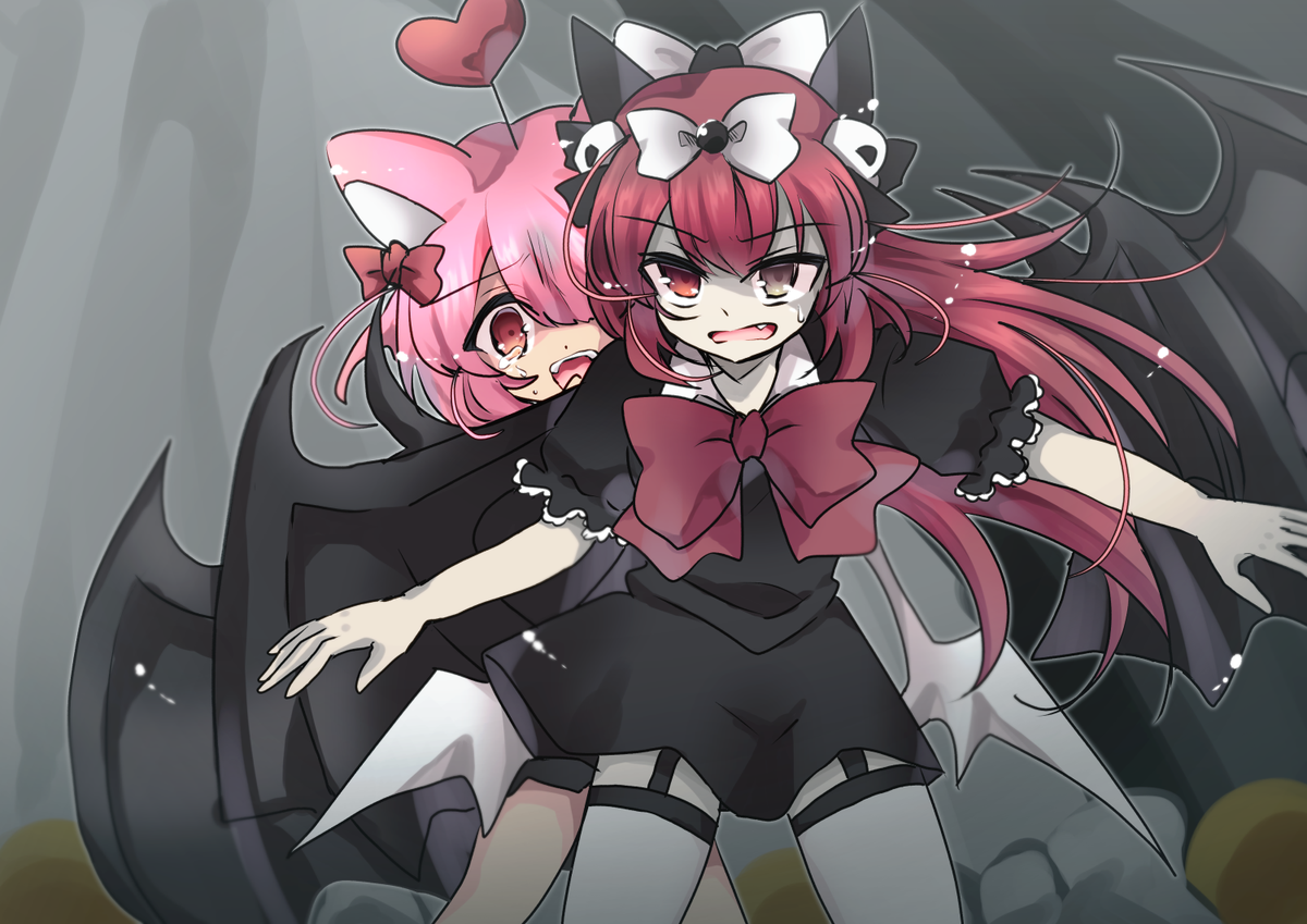 bad_id bad_pixiv_id bat_wings black_dress dress fang garter_straps hair_ornament heart long_hair nekoashi_otome nyanyamo_daowa open_mouth outstretched_arm pale_skin pink_hair puffy_short_sleeves puffy_sleeves red_eyes red_hair ribbon short_sleeves skull_hair_ornament sweatdrop tears towelket_wo_mou_ichido tubuan05 wings yorumorukimiri