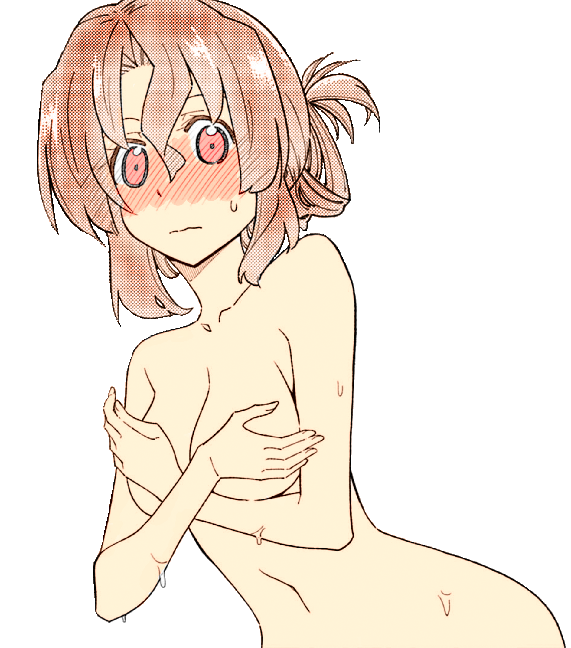 1girl blush breasts brown_hair cleavage collarbone colorized covering_breasts covering_privates cowboy_shot folded_ponytail hata_kenjirou hayate_no_gotoku! highres large_breasts long_hair looking_at_viewer maria_(hayate_no_gotoku!) navel nude red_eyes solo stomach transparent_background underboob wet