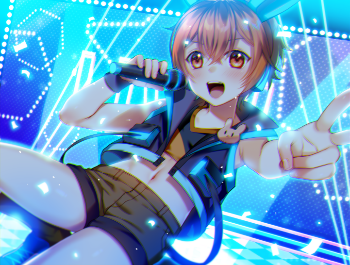1boy animal_ears bare_legs coco_(vtuber) commentary_request commission ginjiro_(ginziro525) indie_virtual_youtuber livestream looking_at_viewer male_focus microphone midriff_peek mixed-language_commentary open_mouth rabbit_ears red_hair short_hair shorts skeb_commission solo stage_lights v virtual_youtuber youtube