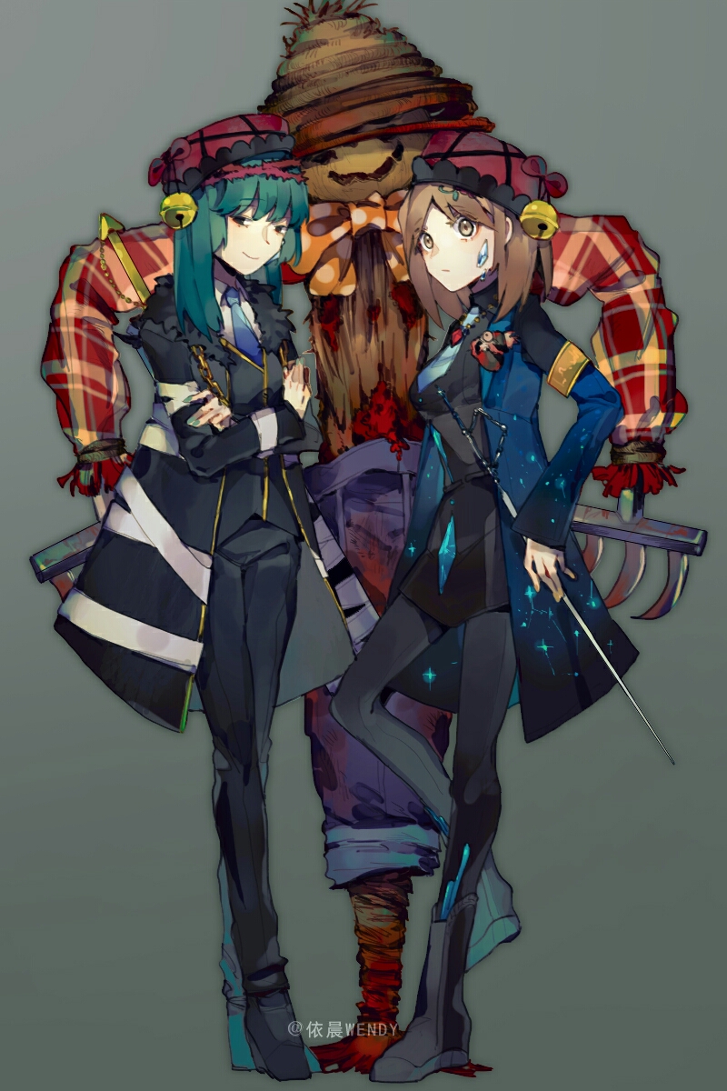 2girls armband bandages_over_clothes beret black_coat black_eyes black_footwear black_pants black_pantyhose black_skirt black_vest blood bloody_weapon blue_coat blue_hair blue_necktie blue_pants blue_sky boots bow bowtie breasts brown_eyes brown_hair brown_hat brown_headband chain chinese_commentary closed_mouth coat collared_coat collared_shirt commentary_request crossed_arms denim diamond_(gemstone) e.g.o_(project_moon) employee_(project_moon) expressionless eyelashes flower frilled_headwear full_body fur-trimmed_coat fur_trim gem gold_chain grey_background hair_flower hair_ornament hair_over_shoulder hand_on_hilt hat hat_belt hat_bow headband high-waist_pants highres ice jeans jewelry justitia_(e.g.o) lapels large_breasts light_frown lobotomy_corporation long_hair long_sleeves looking_at_viewer medium_hair miniskirt multiple_girls necklace necktie notched_lapels nugget_(project_moon) open_clothes open_coat orange_bow orange_bowtie pants pantyhose pencil_skirt pink_bow pink_hat plaid_clothes plaid_headwear plaid_shirt polka_dot_bowtie project_moon rake rapier red_gemstone red_shirt scarecrow scarecrow_searching_for_wisdom shirt shoes simple_background skirt sky sleeves_past_wrists smirk starry_sky_print straight_hair straw_hat sword the_sword_sharpened_with_tears_(e.g.o) thorns vest weapon white_shirt yellow_armband yichen_wendy
