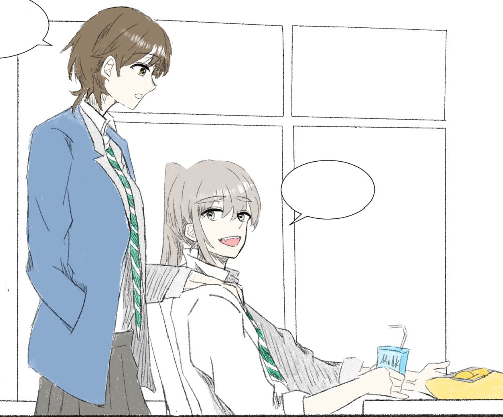 2girls blue_jacket brown_eyes brown_hair commentary diagonal-striped_clothes diagonal-striped_necktie drinking_straw fang girls_band_cry green_necktie grey_hair grey_skirt hand_in_pocket hand_on_another&#039;s_shoulder jacket kawaragi_momoka long_hair milk_carton momokan_1209 multiple_girls nana_(girls_band_cry) necktie open_clothes open_jacket open_mouth pleated_skirt ponytail school_uniform shirt shirt_tucked_in short_hair sidelocks skirt three-quarter_sleeves striped_clothes teeth upper_teeth_only white_shirt