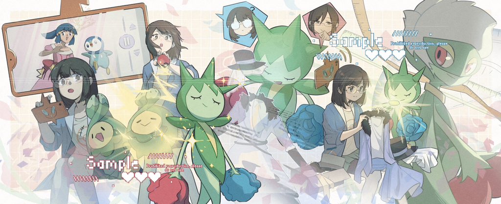 2girls black_hair blue_flower blue_jacket blue_rose brown_eyes budew capelet colored_skin commission dawn_(pokemon) evolutionary_line flower full_body gen_3_pokemon gen_4_pokemon glasses green_capelet green_skin green_skirt jacket looking_at_another looking_at_viewer monster_girl multiple_girls multiple_views nintendo piplup plant_girl pokemon pokemon_(anime) pokemon_(creature) pokemon_dppt_(anime) red_eyes red_flower red_rose robinlovesop rose roselia_(pokemon) roserade rotom rotom_phone shirt short_hair simple_background sitting skirt standing white_background white_hair yellow_shirt