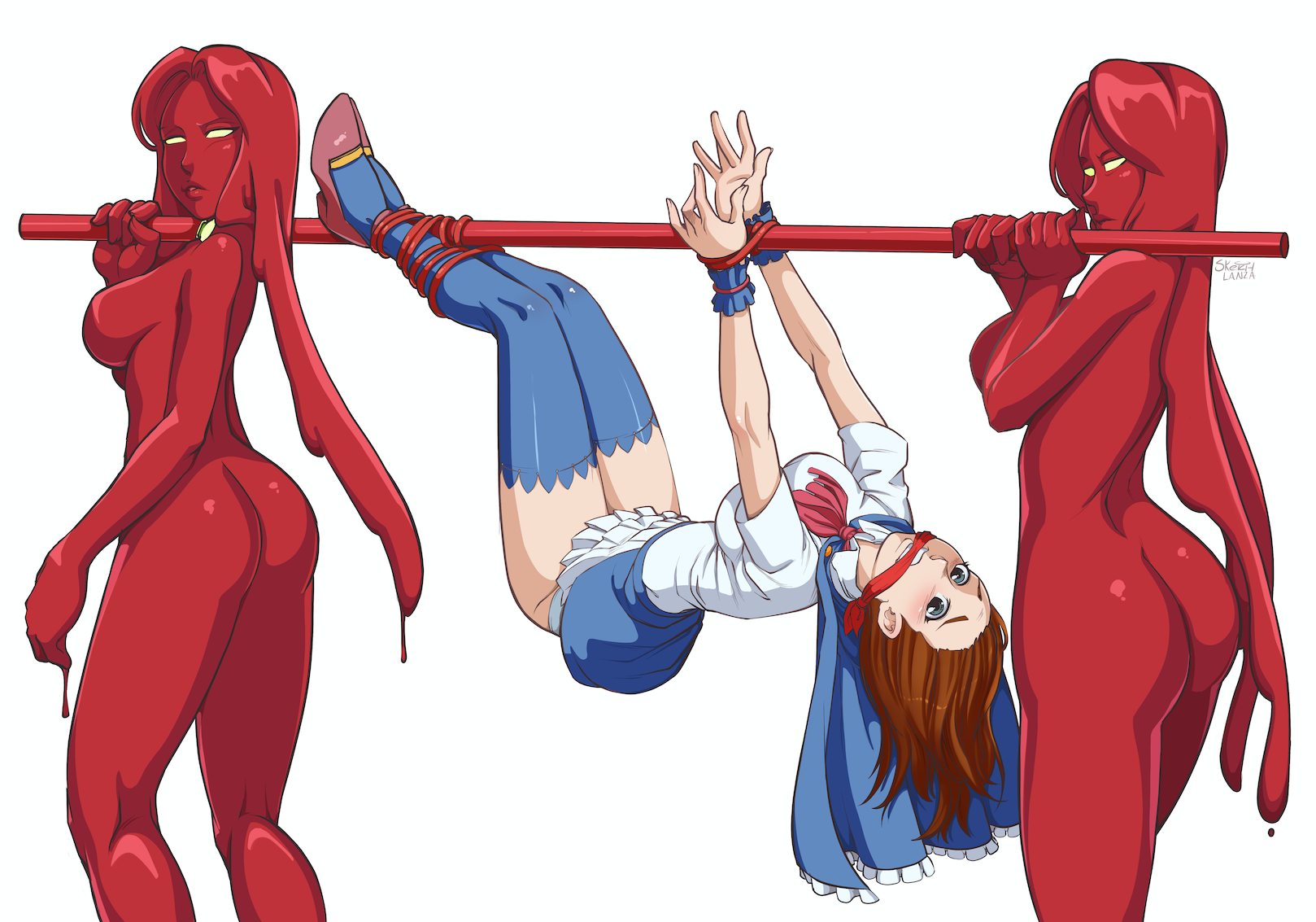 3girls bdsm bondage bound carrying carrying_person castlevania:_portrait_of_ruin castlevania_(series) charlotte_aulin gag highres jellax multiple_girls panties suspension thighhighs thunkstudio tribal_carry underwear white_panties