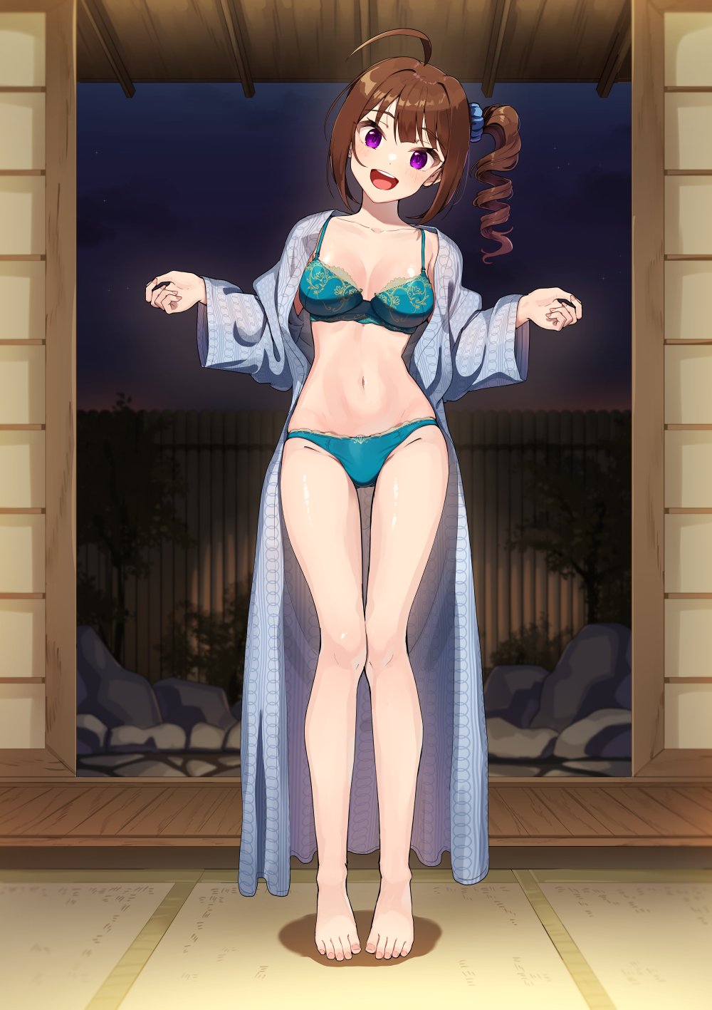 1girl ahoge bamboo_fence blue_kimono blue_scrunchie blush bra breasts brown_hair bush cleavage commentary dot_nose drill_hair fence full_body gradient_sky green_bra green_panties hair_ornament hair_scrunchie highres idolmaster idolmaster_million_live! idolmaster_million_live!_theater_days japanese_clothes kamille_(vcx68) kimono long_hair long_sleeves looking_at_viewer midriff navel open_clothes open_kimono open_mouth panties purple_eyes rock scrunchie shouji side_drill side_ponytail sky sliding_doors smile solo standing tatami teeth toenails toes underwear upper_teeth_only wide_sleeves yokoyama_nao