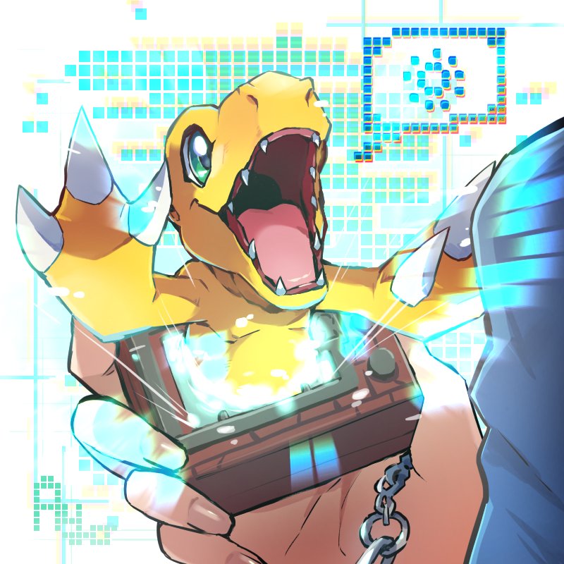 agumon ayo_(ayosanri009) chain claws colored_skin creature digimon digimon_(creature) digimon_(virtual_pet) digivice fangs fingernails glitch green_eyes open_mouth orange_skin signature size_difference sun tongue toy virtual_pet_(toy)