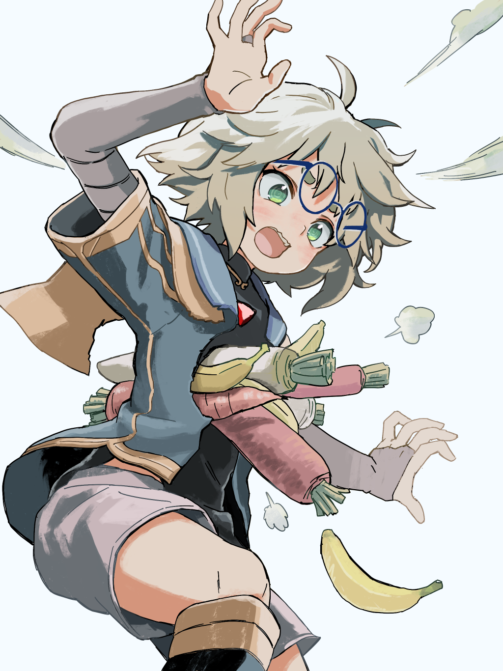 1boy bag banana blue-framed_eyewear blue_jacket boots carrot commentary english_commentary food fruit glasses green_eyes grey_hair highres hole_on_body jacket knee_boots layered_sleeves leg_up long_sleeves male_focus nervous open_mouth original paper_bag puff_of_air radish short_hair short_over_long_sleeves short_shorts short_sleeves shorts simple_background vanilla_(vanillaklein) vanillaklein vegetable wavy_hair white_background