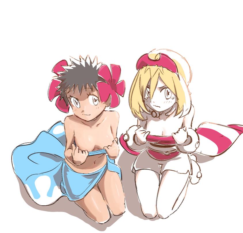 2girls bandeau blonde_hair blue_bandeau blue_sarong bracelet breasts cleavage closed_mouth clothes_tug collarbone commentary_request eyelashes grey_eyes hair_between_eyes hair_ornament hairband irida_(pokemon) jewelry looking_up multiple_girls navel nintendo phoebe_(pokemon) pokemon pokemon_legends:_arceus pokemon_rse sarong shirt short_hair shorts sitting smile spiked_hair strapless strapless_shirt tearing_up u4_99384295 white_shorts