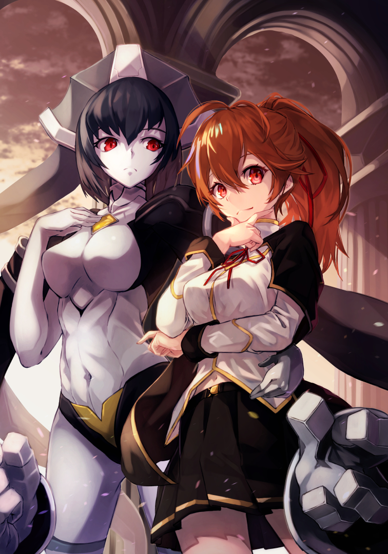 2girls :&lt; ahoge black_cape black_hair black_skirt blazblue bob_cut breasts brown_hair cape celica_a._mercury closed_mouth collared_shirt gem hair_ribbon hand_on_own_chest hand_on_own_chin headpiece long_sleeves looking_at_another looking_at_viewer mechanical_arms minerva_(blazblue) multiple_girls navel neck_ribbon online_neet pleated_skirt ponytail red_eyes red_ribbon ribbon robot shirt simple_background skirt smile stomach thighs white_background white_shirt