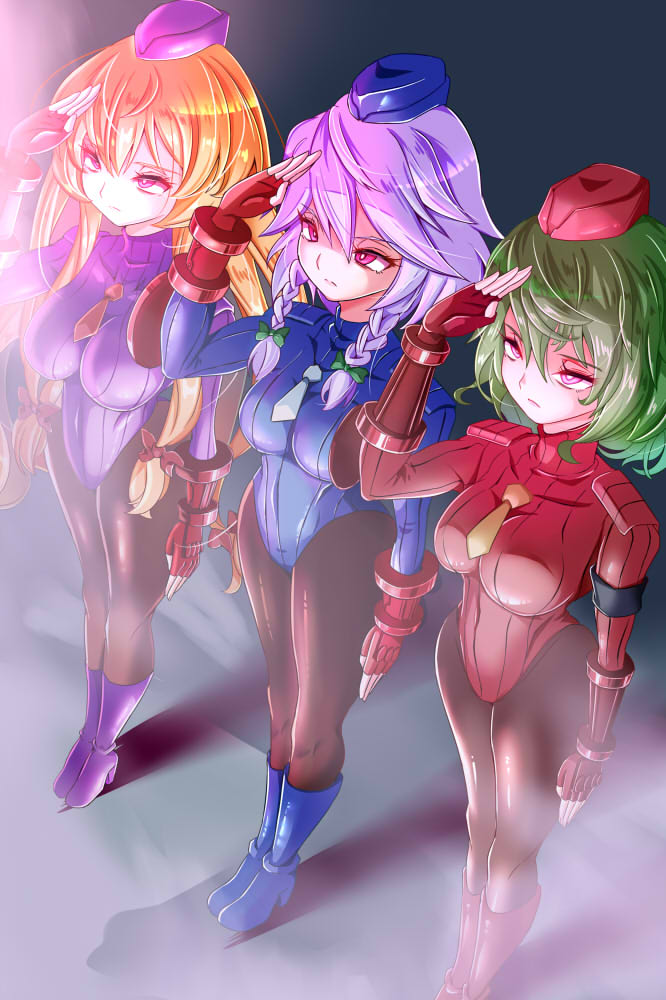 3girls alternate_costume blonde_hair blue_boots blue_hat blue_leotard boots bow braid breasts covered_navel expressionless fingerless_gloves garrison_cap gloves glowing glowing_eyes green_hair grey_background hair_bow hat high_collar high_heels izayoi_sakuya kazami_yuuka large_breasts leotard long_hair long_sleeves mimochiku multi-tied_hair multiple_girls necktie pantyhose purple_boots purple_hat purple_leotard red_bow red_eyes red_gloves red_hat red_leotard red_necktie red_ribbon ribbed_leotard ribbon shadaloo_dolls short_hair silver_hair solo street_fighter street_fighter_zero_(series) touhou twin_braids v-shaped_eyebrows very_long_hair white_necktie yakumo_yukari yellow_necktie