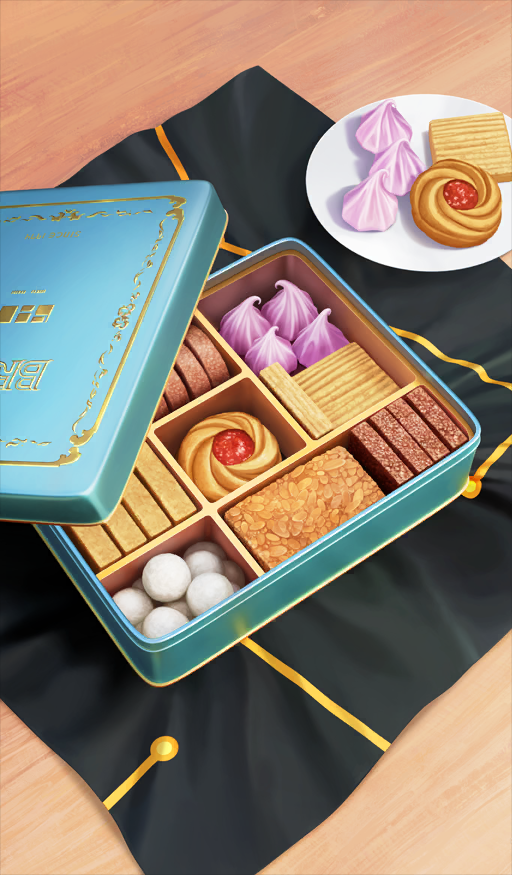 box commentary_request cookie fate/grand_order fate_(series) food food_focus food_request in_box in_container lantern2015 lid no_humans official_art ono_no_komachi_koken-shou plate still_life third-party_source