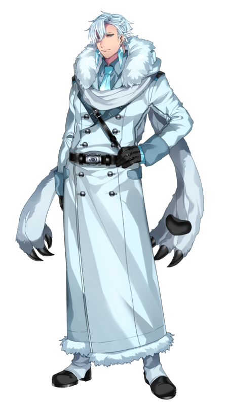 1boy beartic belt black_belt black_gloves blue_coat blue_eyes blue_hair blue_necktie buttons closed_mouth coat earrings full_body fur-trimmed_coat fur_trim gen_5_pokemon gloves hair_between_eyes hand_on_own_hip jewelry katagiri_hachigou light_blue_hair long_sleeves male_focus necktie nintendo personification pokemon short_hair simple_background solo standing white_background