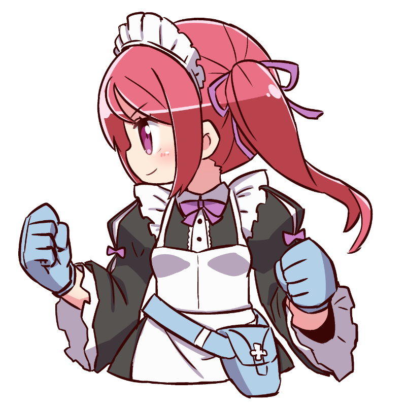 1girl 7th_dragon_(series) apron black_dress blue_gloves blush clenched_hands closed_mouth collared_dress cropped_torso dress female_focus gloves god-hand_(7th_dragon) hair_ribbon juliet_sleeves long_hair long_sleeves looking_to_the_side maid maid_headdress naga_u profile puffy_sleeves purple_ribbon red_hair ribbon sideways_mouth simple_background smile solo twintails white_apron white_background wide_sleeves