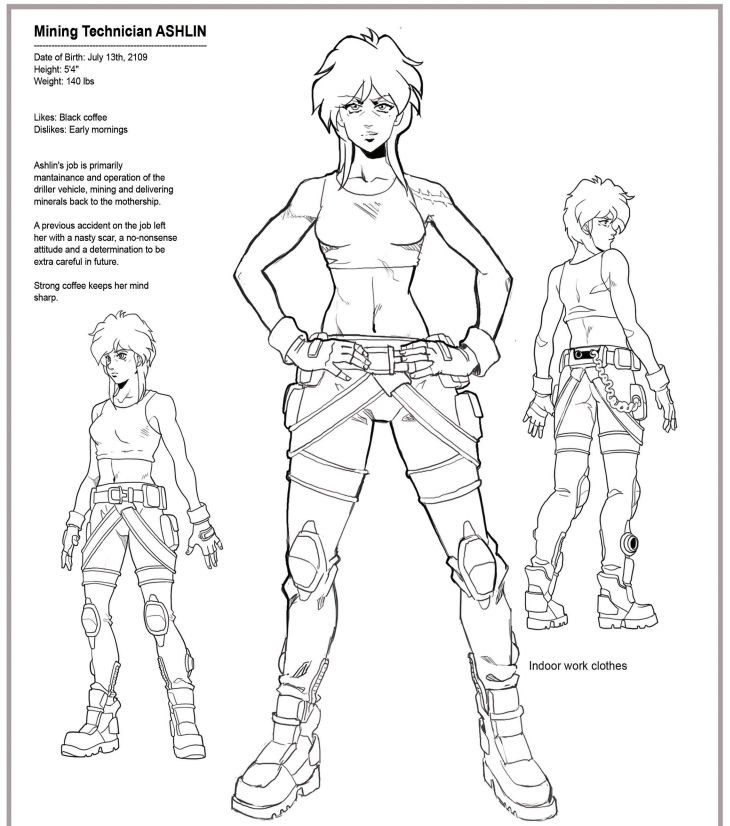 1girl alien:_monday alien_(series) ashlin_(alien:_monday) ass boots breasts cargo_pants character_profile reference_sheet commentary crop_top english_commentary english_text fingerless_gloves flat_ass gloves hands_on_own_hips knee_pads lineart midriff navel otaking pants pouch scar scar_on_shoulder small_breasts smile tank_top