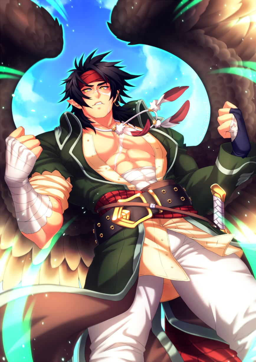 1boy abs bare_pectorals belt black_hair commentary crescentia_fortuna ear_chain english_commentary feather_necklace feathered_wings fire_emblem fire_emblem:_path_of_radiance fire_emblem:_radiant_dawn highres jewelry laguz_(fire_emblem) large_pectorals male_focus midriff_sarashi muscular muscular_male necklace nintendo pants parted_lips pectorals pointy_ears sarashi scar scar_on_chest scar_on_face sky solo tibarn_(fire_emblem) torn_sleeve white_pants wings yellow_eyes