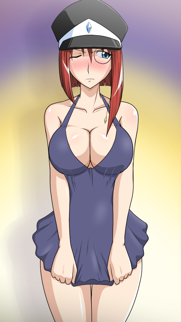 1girl blush breasts forte_stollen galaxy_angel goriate hat huge_breasts lingerie monocle negligee pulling_own_clothes underwear