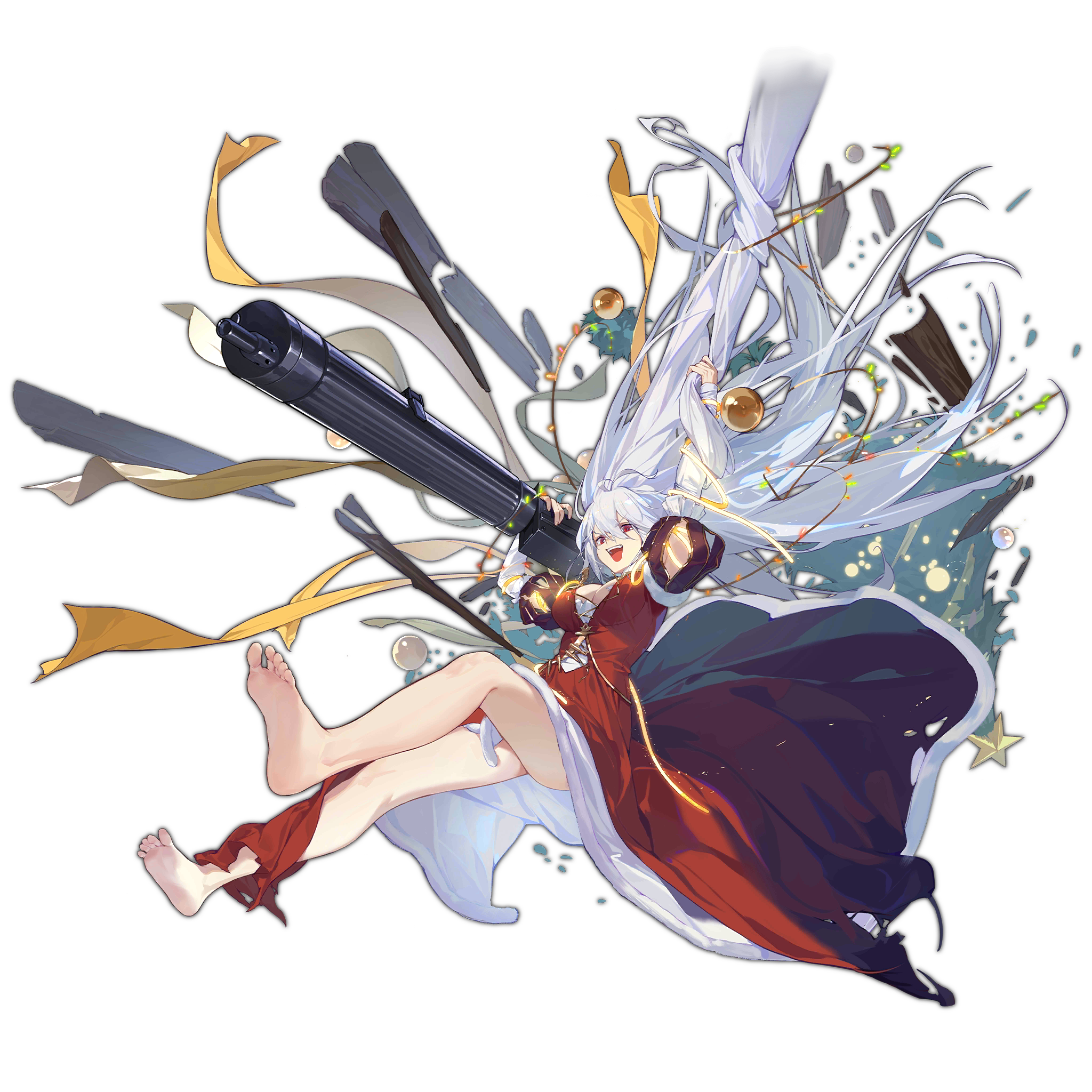 1girl absurdly_long_hair antenna_hair bare_legs barefoot breasts christmas christmas_lights christmas_ornaments christmas_star christmas_tree cleavage dress feet full_body girls'_frontline gun hair_between_eyes highres holding holding_gun holding_weapon large_breasts long_dress long_hair machine_gun maxim_gun official_alternate_costume official_art open_mouth maxim_gun pm1910_(girls'_frontline) pm1910_(party_in_the_queen's_tower)_(girls'_frontline) red_dress red_eyes smile soles solo swinging teeth toes torn_clothes torn_dress transparent_background upper_teeth_only very_long_hair weapon white_hair xiao_qiang_sang
