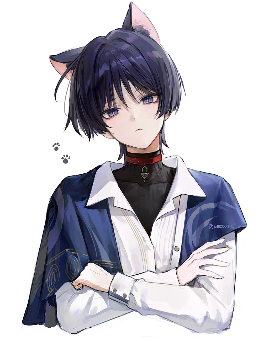 1boy aamoooon_e alternate_costume animal_ears black_eyes black_hair black_shirt black_undershirt blue_shawl blunt_ends bright_pupils cat_boy cat_ears choker clenched_hand closed_mouth collared_shirt contemporary covered_collarbone cropped_torso crossed_arms expressionless genshin_impact gold_trim hair_intakes hands_on_own_arms head_tilt highres long_sleeves looking_at_viewer male_focus official_alternate_costume open_hand paw_print red_choker ribbed_shirt scaramouche_(genshin_impact) shawl shirt solo straight-on turtleneck turtleneck_shirt twitter_username upper_body wanderer_(genshin_impact) wanderer_(wanderer_impression)_(genshin_impact) white_background white_pupils white_shirt white_sleeves